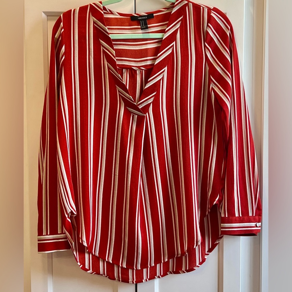 Forever 21 red and white striped V-neck blouse.  Size Medium.